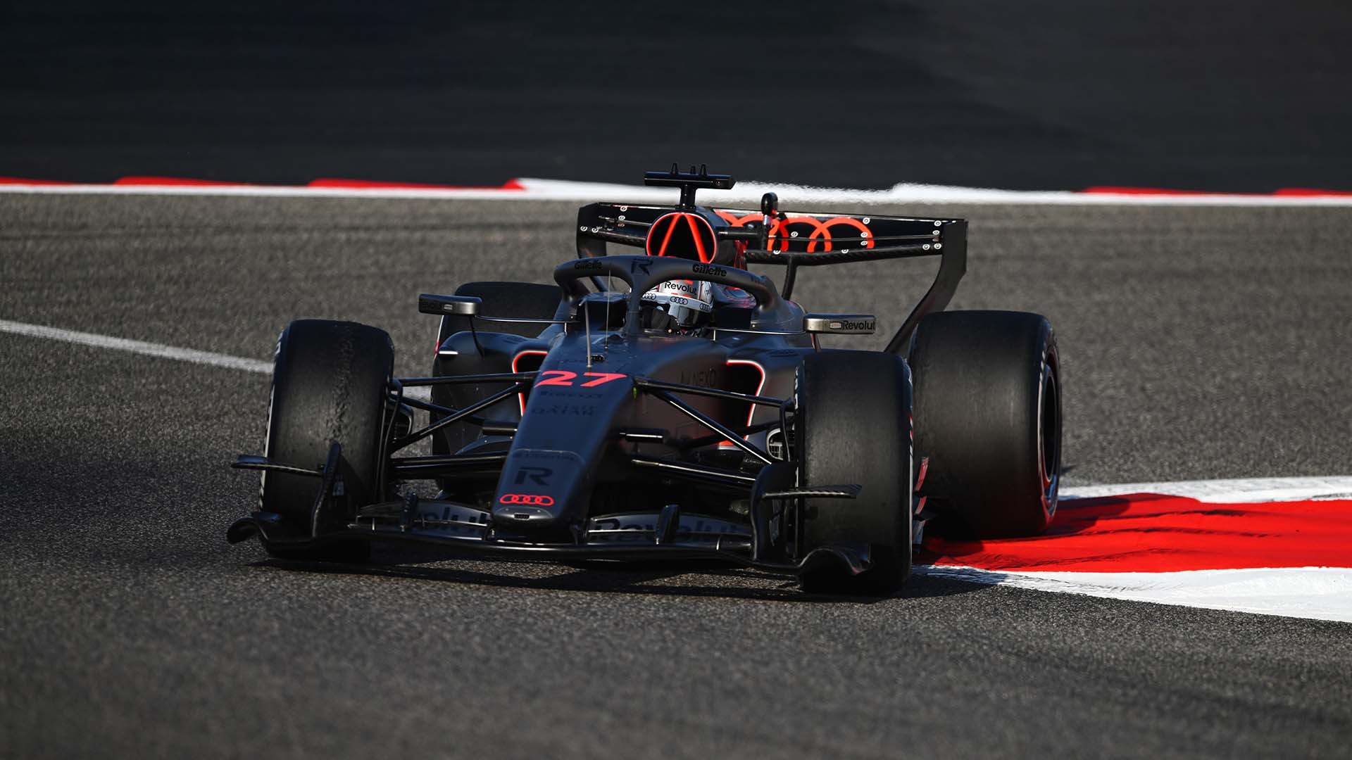 A picture showing the Audi R26 on the race track in Bahrain.