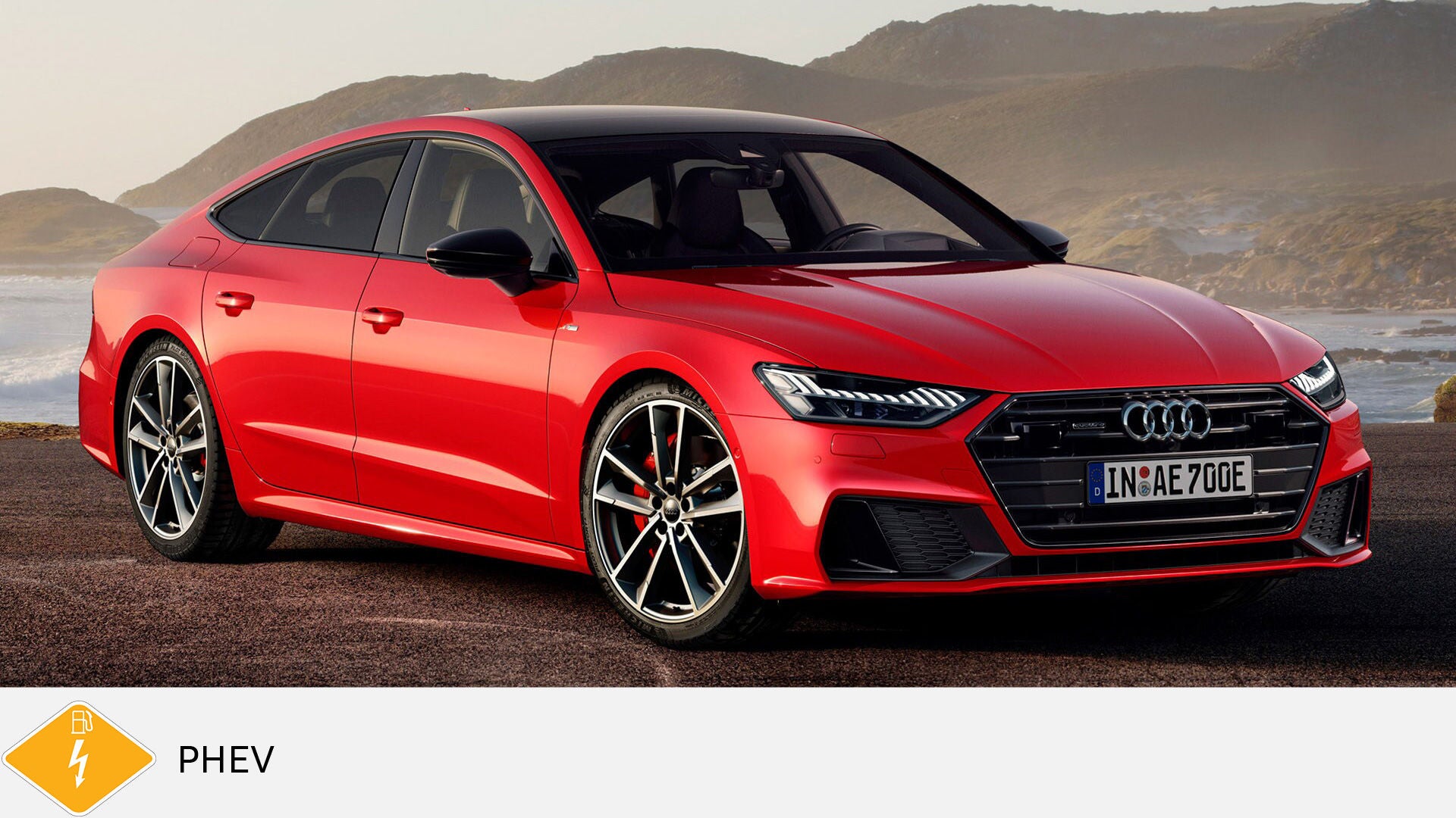 Red Audi A7 Sportback TFSI e standing on the coastline at sunrise. Yellow PHEV symbol with petrol pump below.