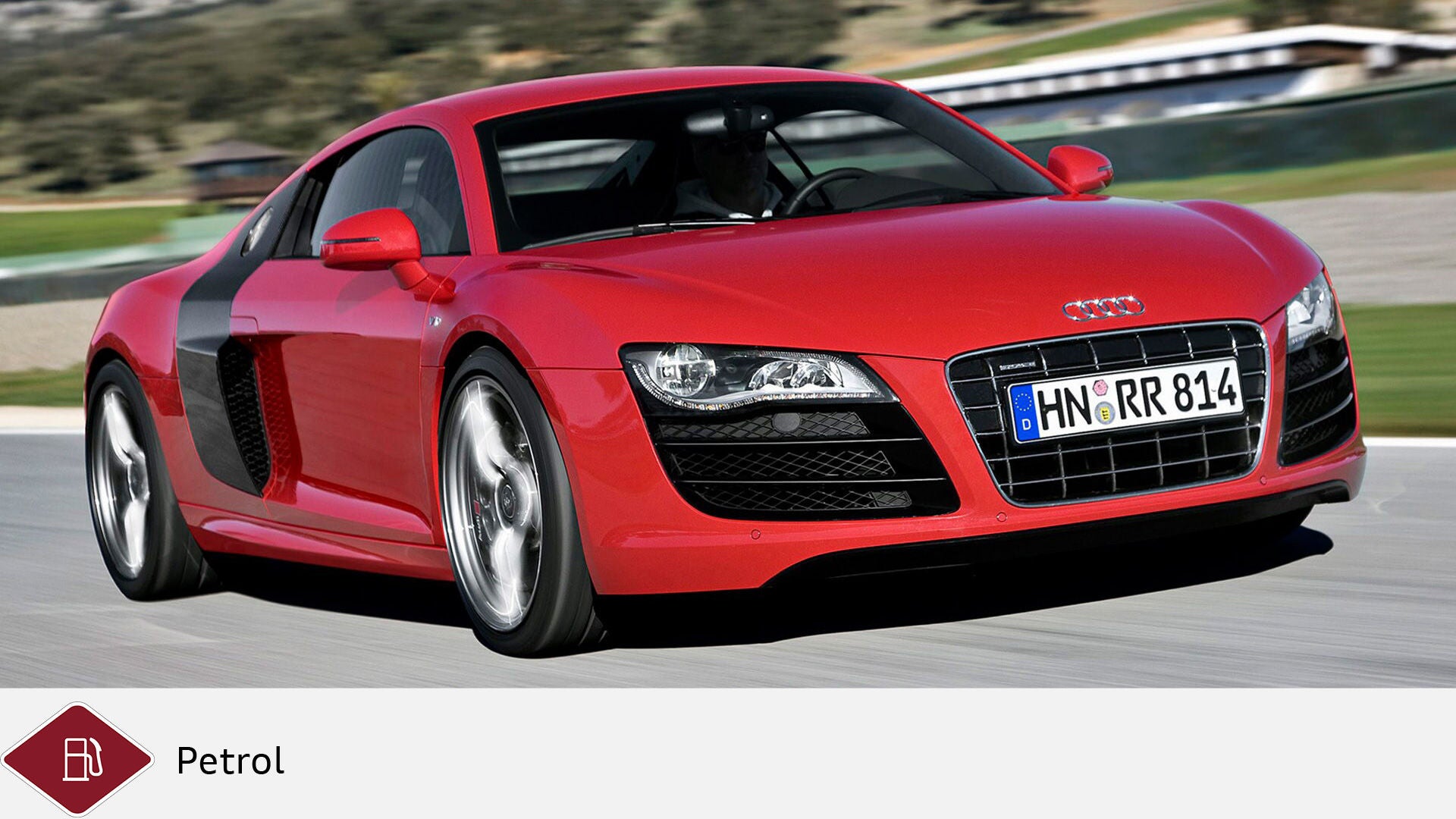 R8 Coupé in red on the racetrack, driver in the vehicle. Below gray diesel symbol and red gasoline symbol.