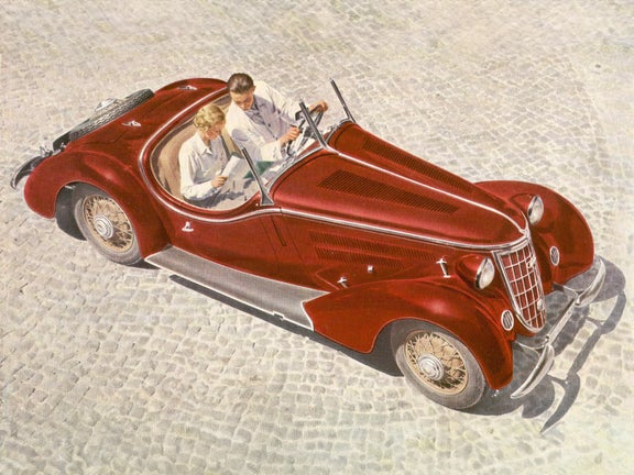 Zeichnung von zwei Personen in einem roten Wanderer W 25 K auf Kopfsteinpflaster