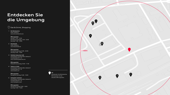 Übersichtskarte mit dem Titel „Entdecken Sie die Umgebung“. Auf der linken Seite sind fünf nahegelegene Orte zum Essen, Trinken und Einkaufen mit Adressen und Öffnungszeiten aufgelistet. 1: Die Werkstatt, Orber Straße 4a, geöffnet Montag bis Samstag 11:00 bis 23:00 Uhr, Sonntag 11:00 bis 18:00 Uhr. 2: Kantaorei, Orber Straße 4c, geöffnet Montag bis Sonntag 10:00 bis 20:00 Uhr, Samstag 10:00 bis 18:00 Uhr. 3: Maniba Cakmak Café, Gebäude G, Carl-Benz-Straße 5, geöffnet Montag bis Freitag 7:00 bis 17:00 Uhr. 4: Fattoria La Vialla, Gebäude E, Carl-Benz-Straße 3, geöffnet Montag bis Freitag 10:00 bis 18:00 Uhr. 5: Hacienda Costelonia, Gebäude H, Carl-Benz-Straße 9–11, geöffnet Montag bis Freitag 10:00 bis 18:00 Uhr, Samstag 10:00 bis 16:00 Uhr. Rechts zeigt die Karte den Standort des Audi charging hub in der Mitte eines Umkreises von 150 Metern mit Symbolen für Toiletten, Fahrradabstellplatz und Infopunkte.