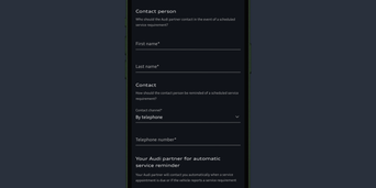 The myAudi app displaying the form for a user to enter contact details and select Audi Centre