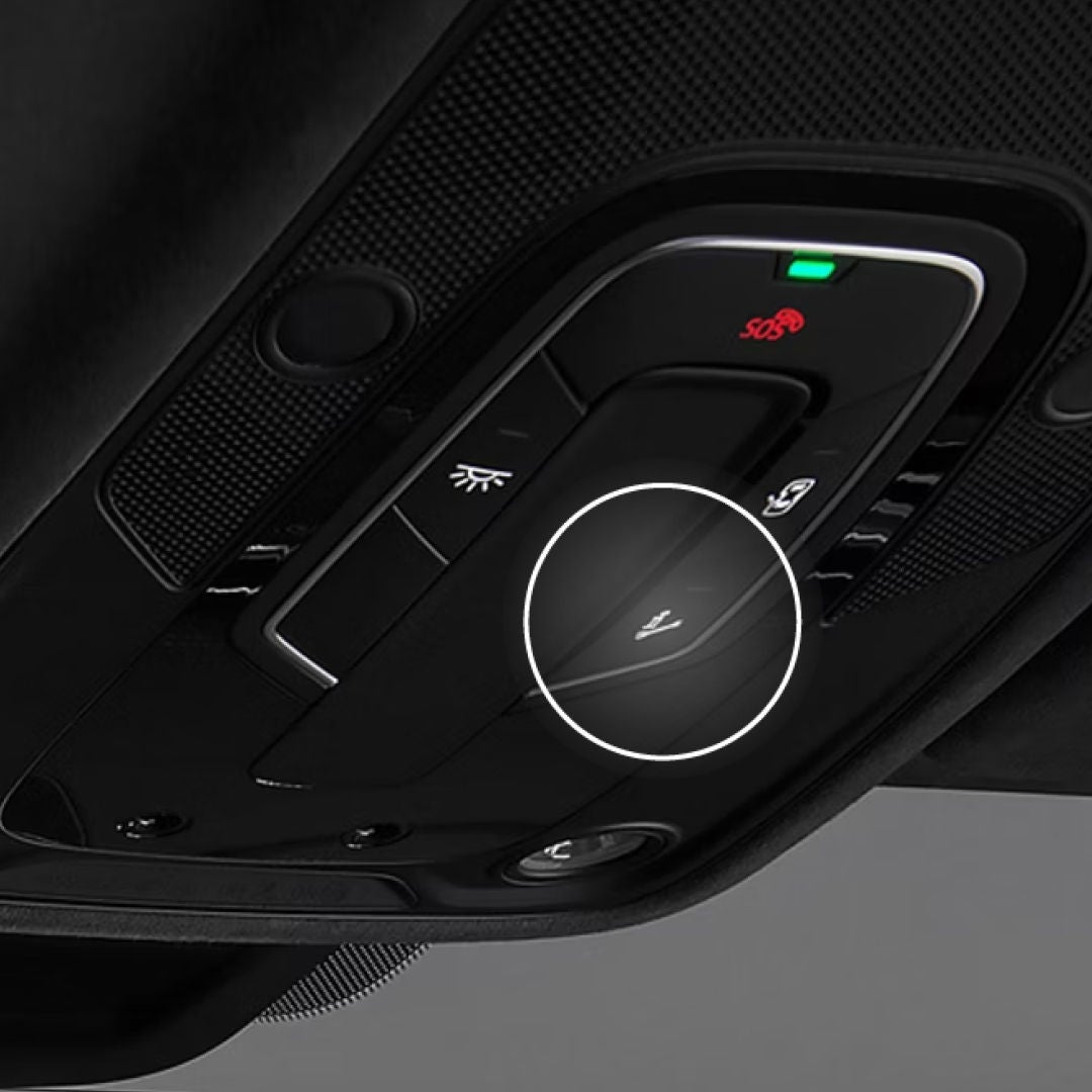 Close-up of a car's overhead control panel, highlighting a button with a microphone icon, used for voice commands or calls.