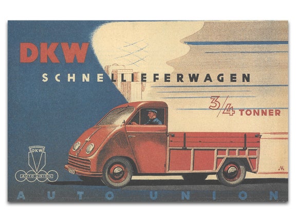 Ein farbiges Werbeplakat von 1949 für den DKW F 89 L Schnelllaster 
