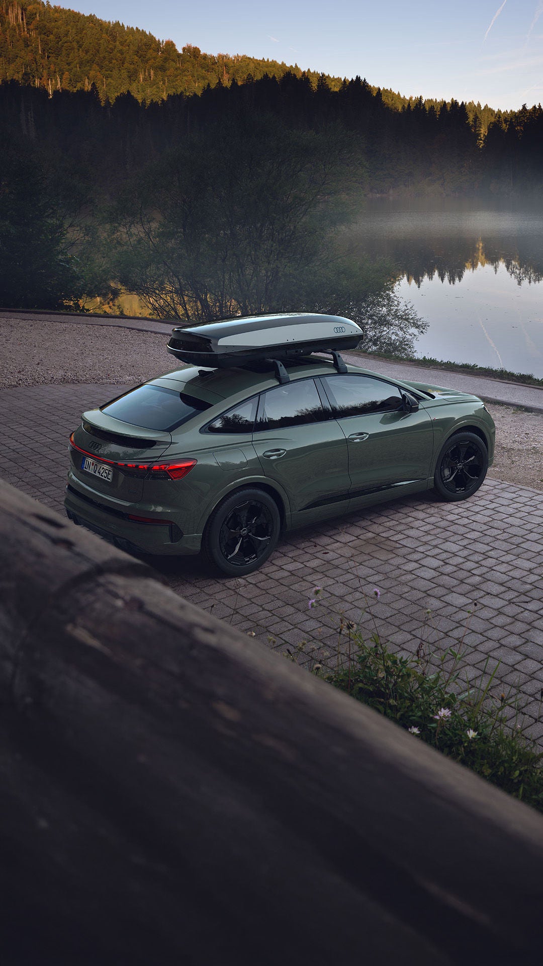 Olivgrüner Audi SUV-Coupé mit Dachbox, geparkt auf einer gepflasterten Fläche am Ufer eines ruhigen Sees. Bäume und Spiegelungen im Wasser bilden die natürliche Hintergrundkulisse.