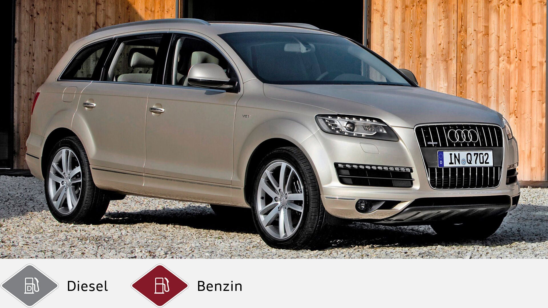 Beiger Audi Q7 SUV vor Holzfassade, schräg von vorn fotografiert, mit Fokus auf Front und Fahrerseite. Unten graues Dieselsymbol und rotes Benzinsymbol.