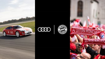 Collage mit rotem Audi RS e-tron GT FC Bayern Concept mit FC-Bayern-Branding auf Rennstrecke, weißes Audi- und FC-Bayern-Logo auf schwarz sowie Fans mit FC-Bayern-Schals.