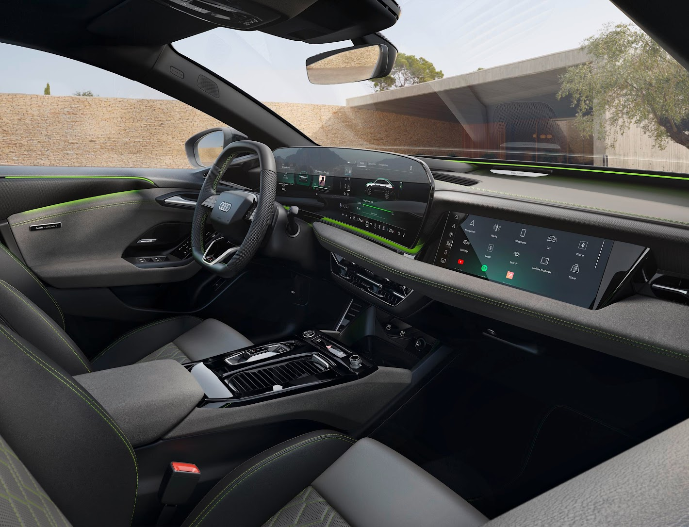 A6 e-tron interior and steering wheel from passenger side view