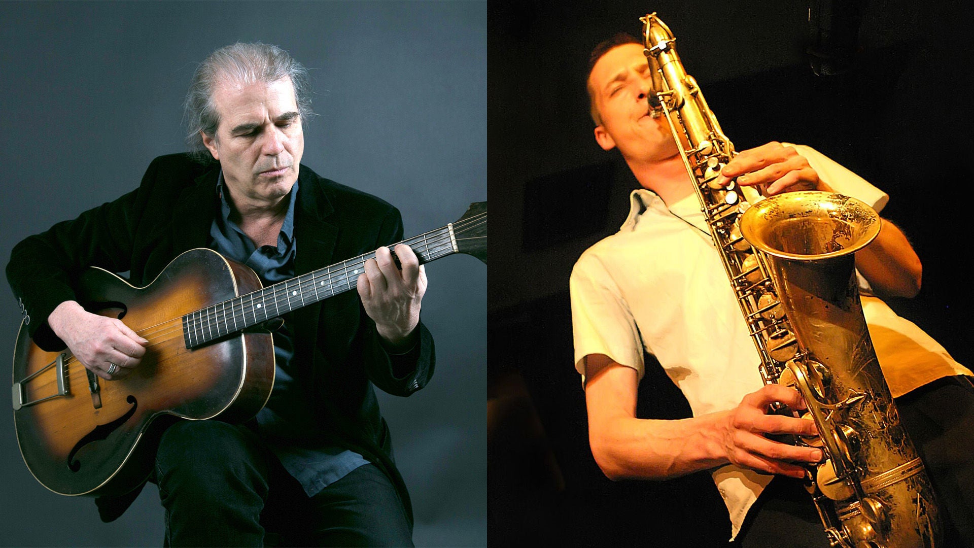 Geteiltes Bild: sitzender Gitarrist links; rechts Saxofonist spielt Baritonsaxofon unter Bühnenlicht.