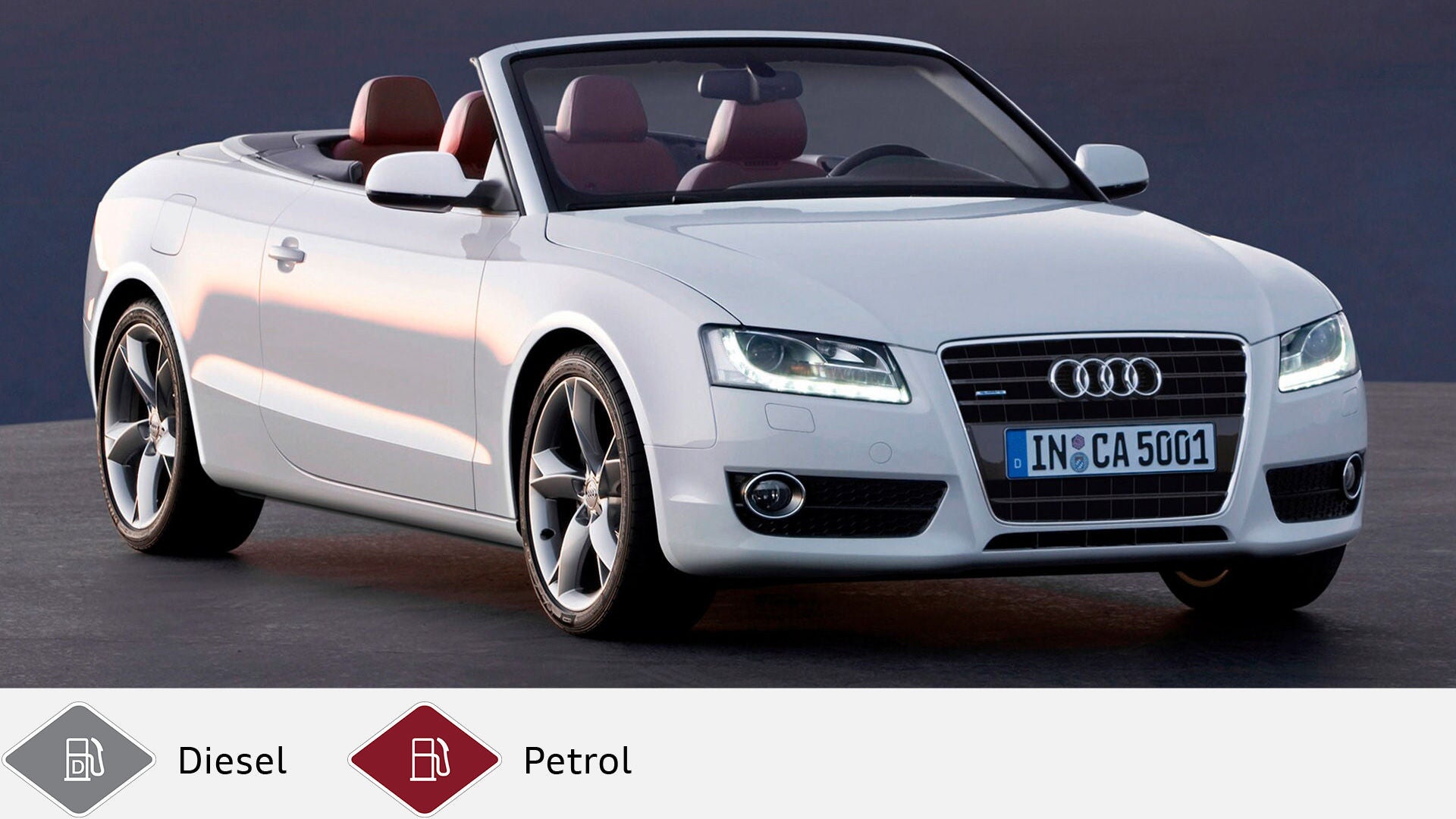 White Audi A5 Cabrio (2009-2011) with open top and red leather seats. Gray diesel symbol and red petrol symbol at the bottom.