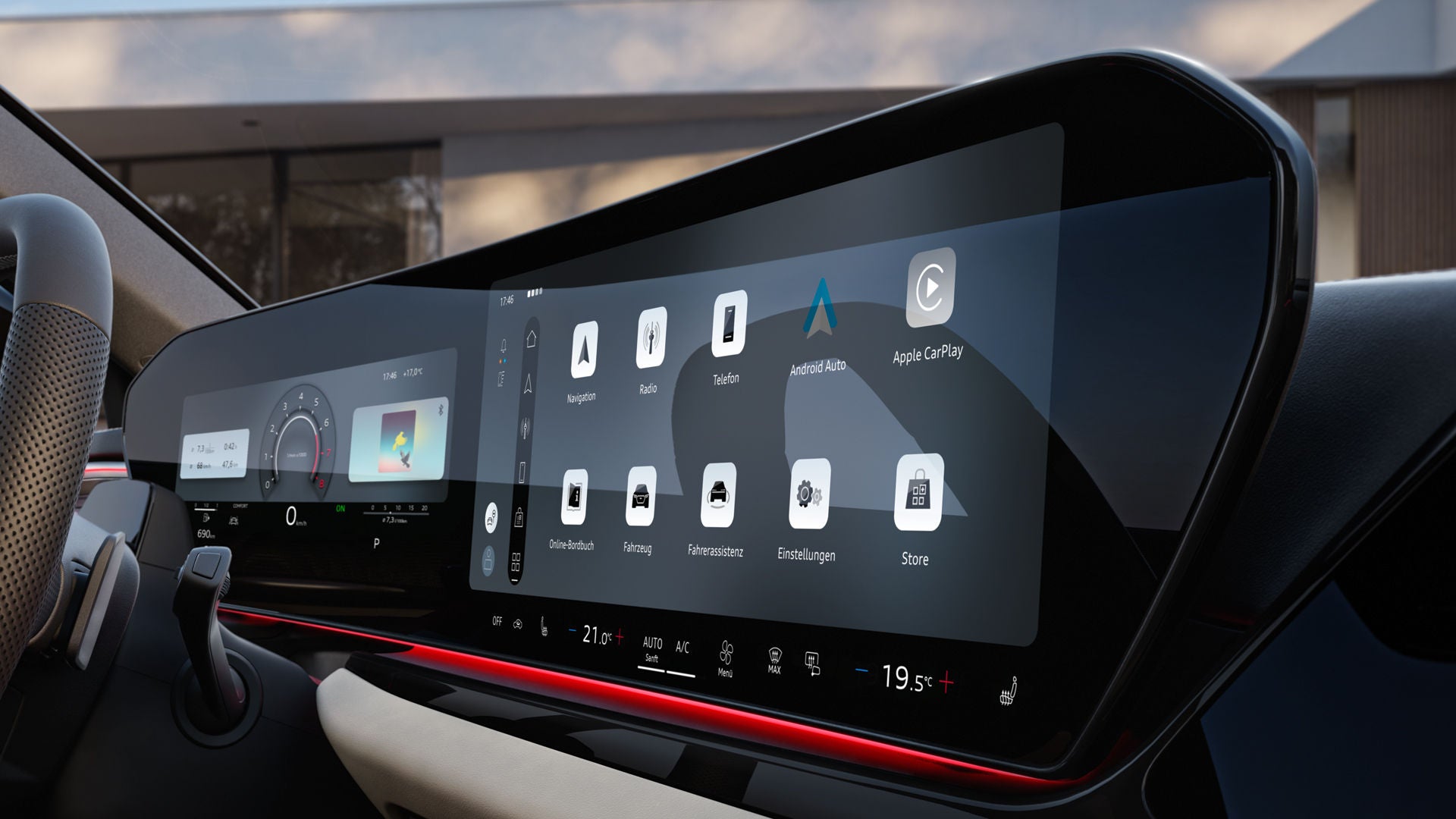 Blick auf das MMI Display und das Fahrerdisplay des A6 Avant von der Beifahrerseite.