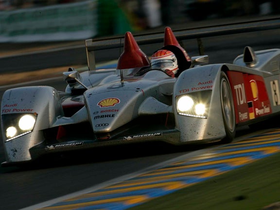 A picture showing the victorious Audi R10 TDI on track at Le Mans in 2006.