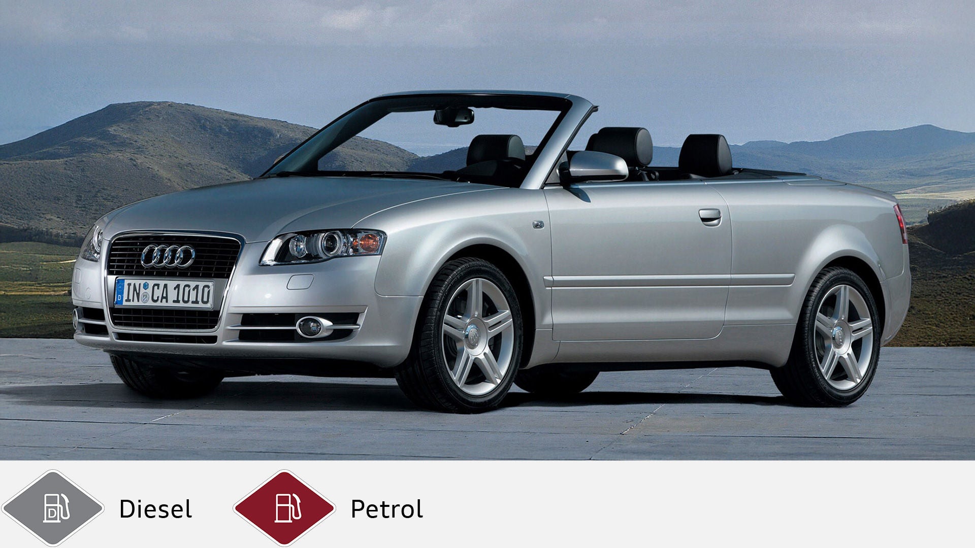 Silver Audi A4 Cabriolet with open roof in front of a mountain landscape. Gray diesel symbol and red petrol symbol at the bottom.
