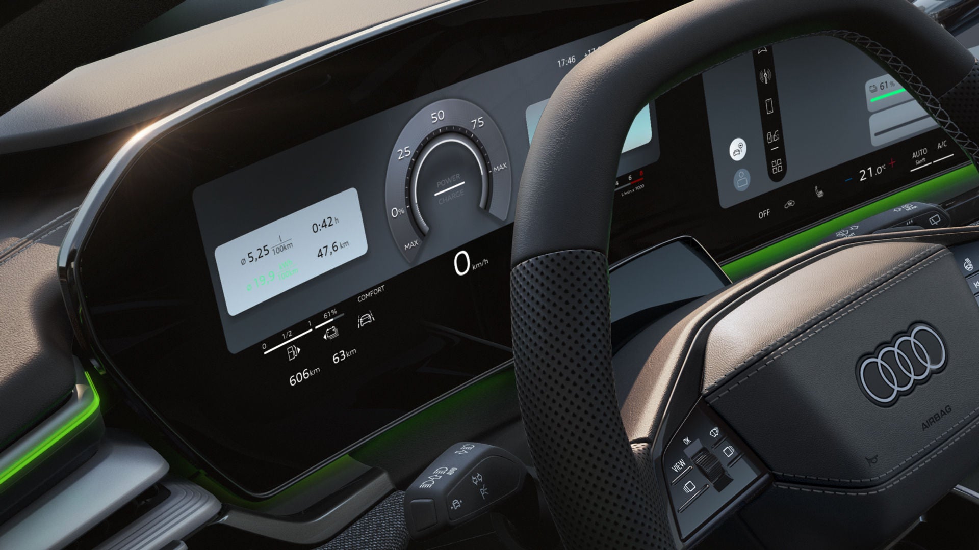 View of the steering wheel and driver display of the A6 Avant e-hybrid.