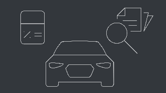 Grafik mit einem stilisierten Auto, einem Dokument mit Lupe und einem Taschenrechner