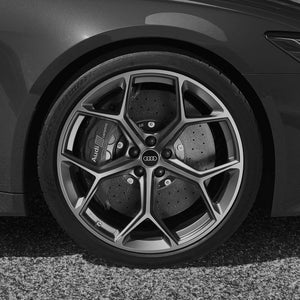 A grey close up of an Audi wheel featuring nice rims