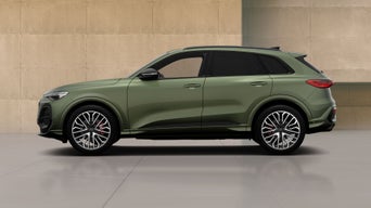 A green Audi SQ5 SUV with modern design elements, showcasing its profile against a minimalist concrete backdrop. 