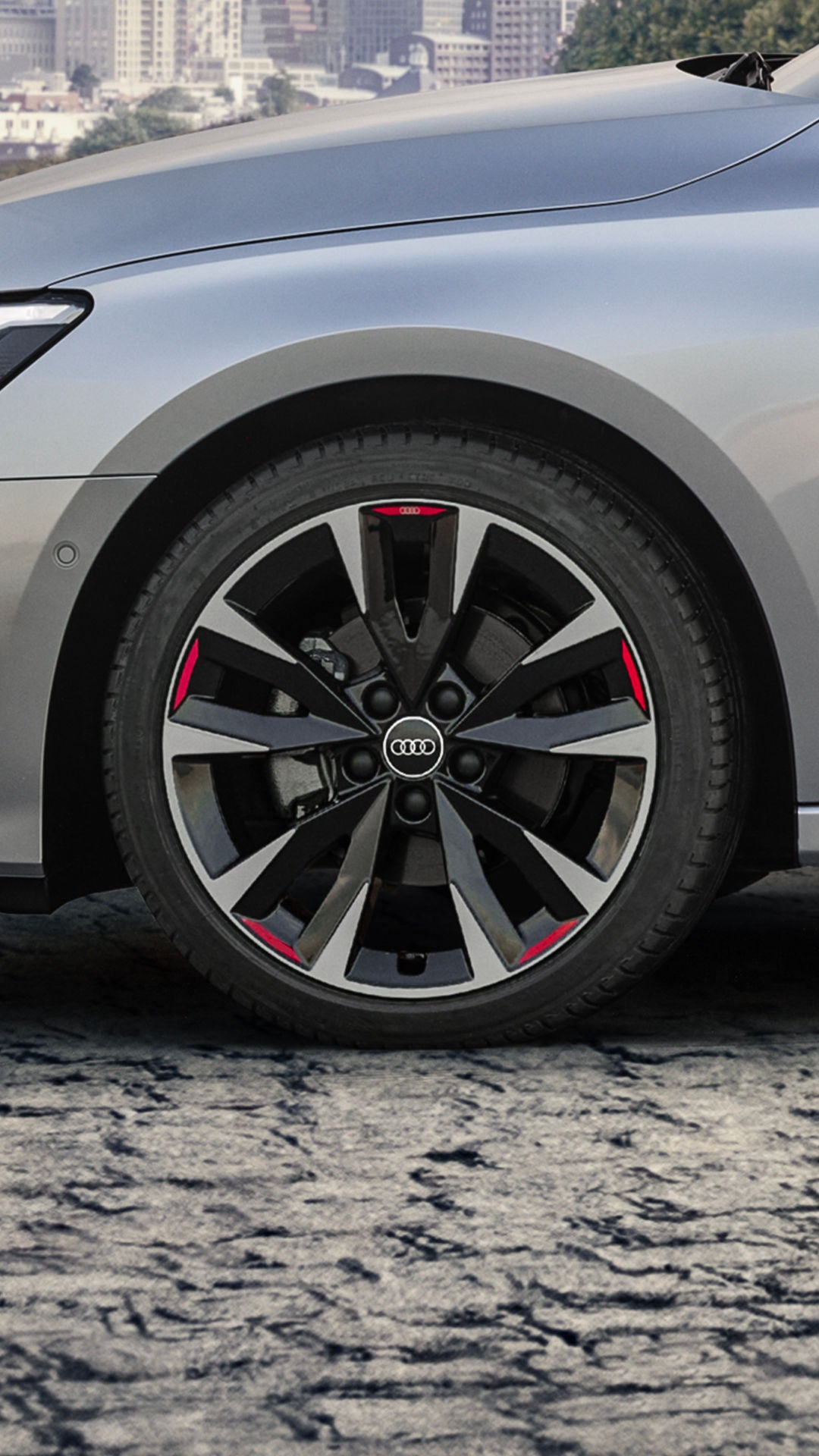 Inquadratura sui Cerchi Originali Audi, con design a 10 razze, montati su un veicolo Audi.         