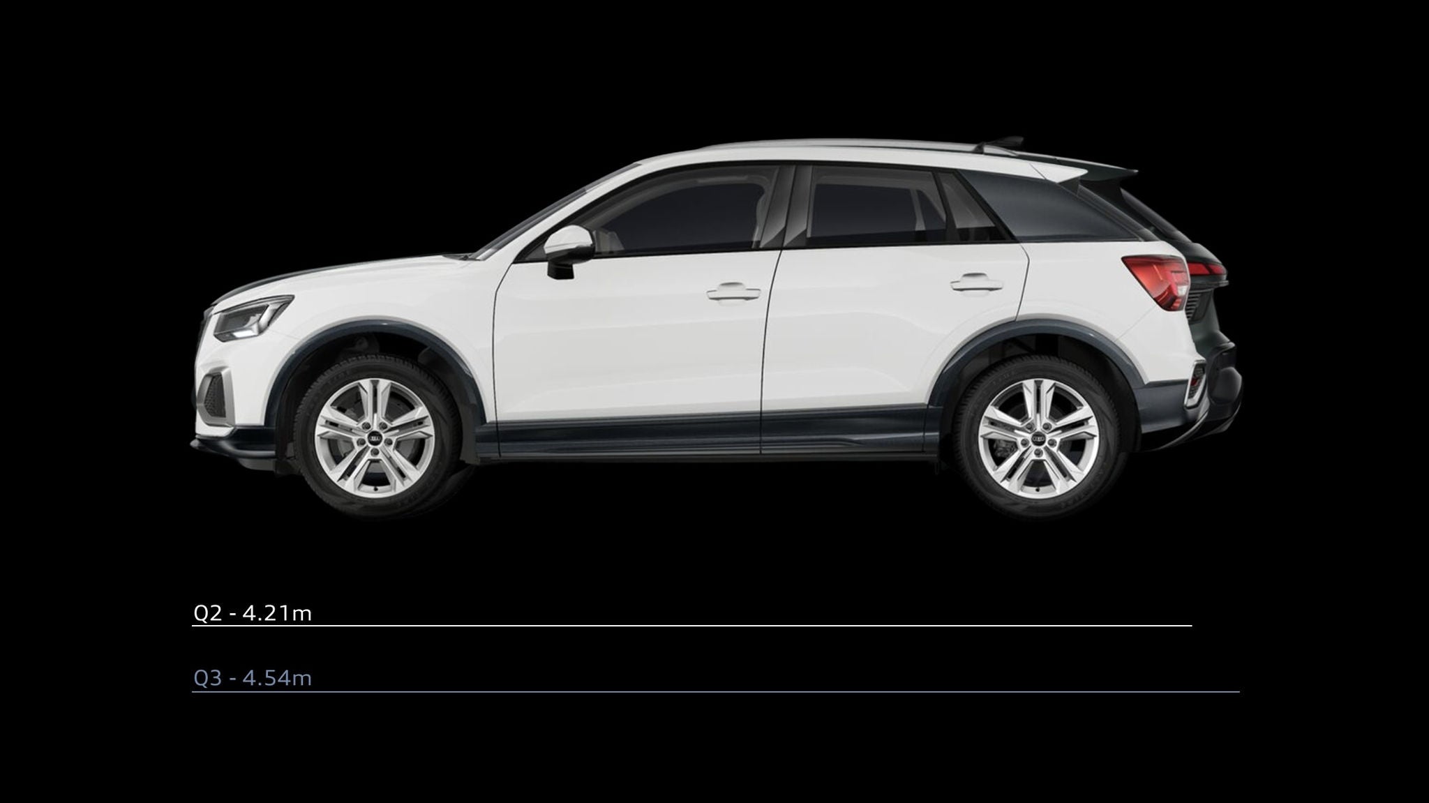 Side view of a white Audi car with tinted windows, shown against a black background. Below are two lines: "Q2 - 4.21m" and "Q3 - 4.54m," indicating vehicle length.