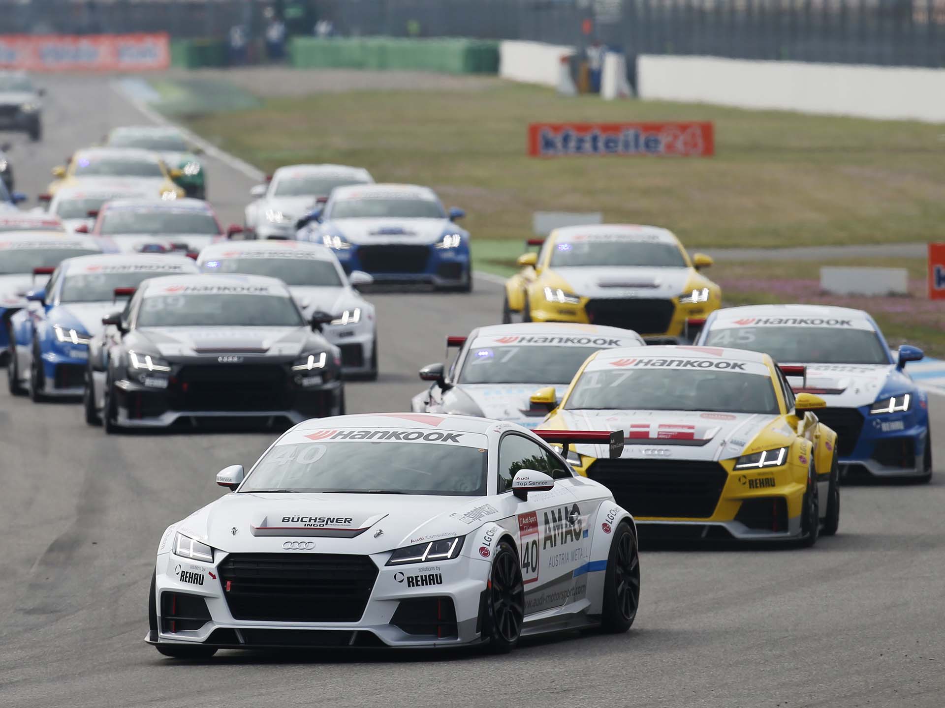 A picture showing the start of the first Audi Sport TT Cup race at Hockenheim in 2015.