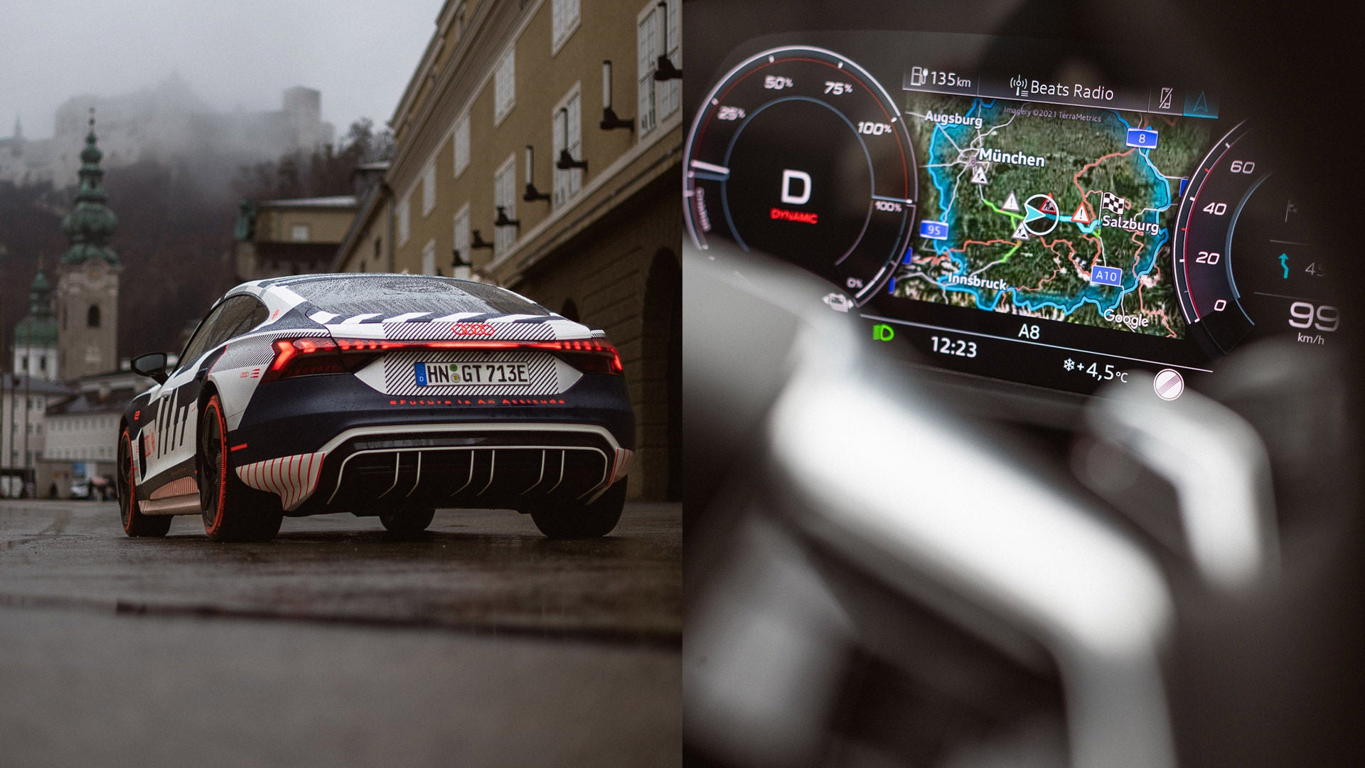 Audi RS e-tron GT von hinten neben einem Abbild der Route München Salzburg auf dem Navigationssystem