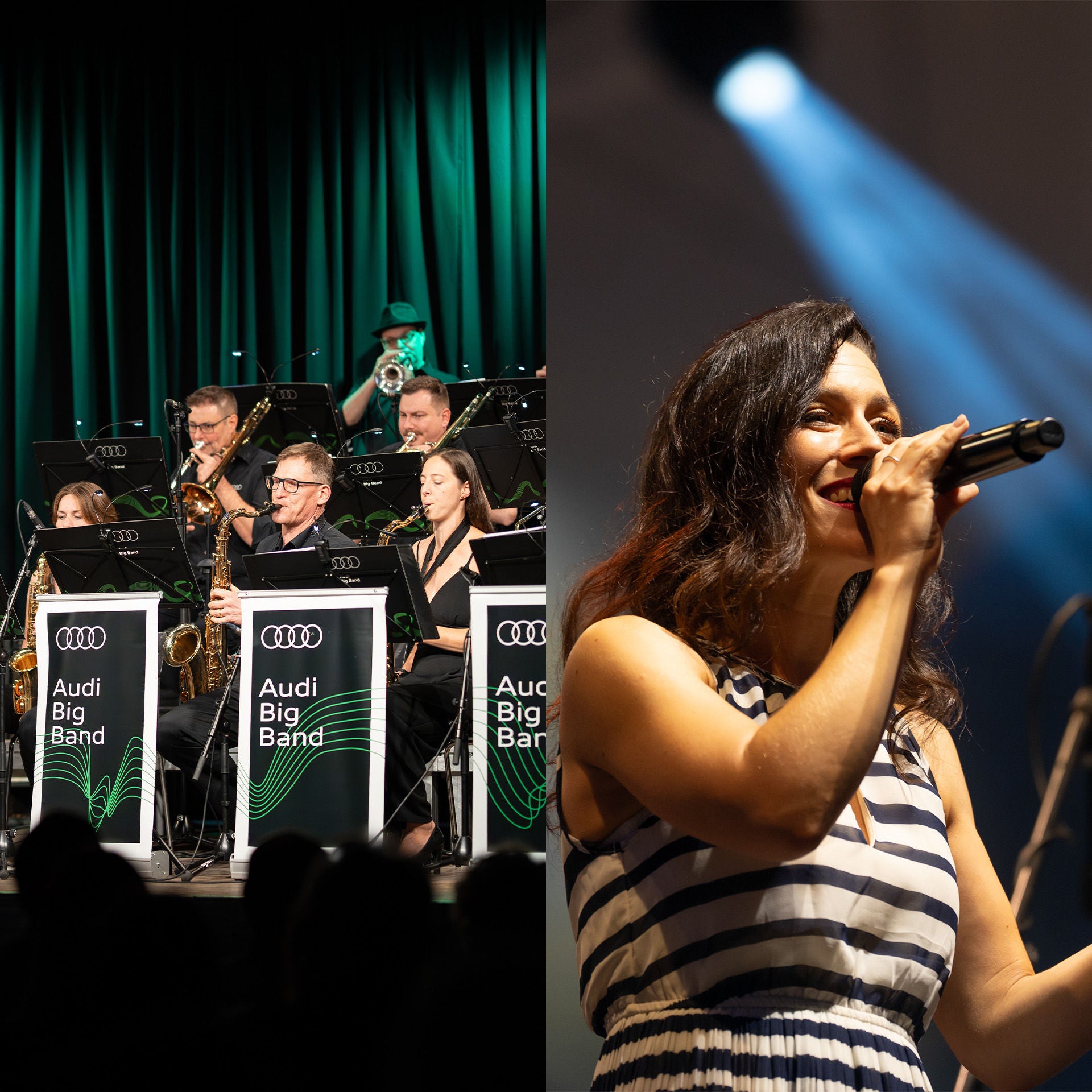 Bigband auf einer beleuchteten Bühne, Bläser hinter Notenpulten mit Audi-Logo, vorn eine Sängerin mit Mikrofon im Rampenlicht.
