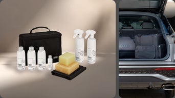 Collage en deux parties avec un kit d’entretien professionnel Audi incluant produits de nettoyage et éponges, ainsi qu’une vue des sacs de voyage Audi sur mesure dans le coffre d’un SUV.