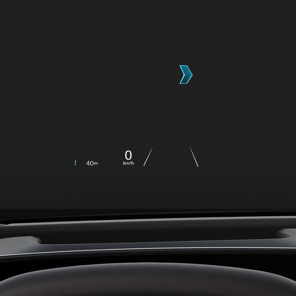 Close-up van de voorruit met het augmented reality-head-updisplay.