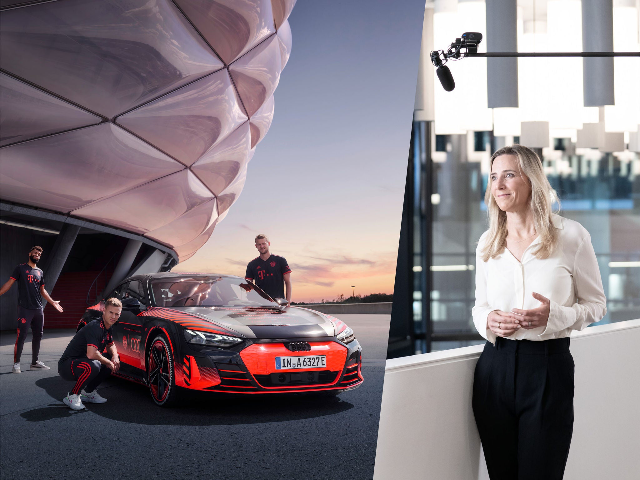 A collage of a picture of FC Bayern players posing in front of an Audi RS e-tron GT FC Bayern Concept parked in front of the Allianz Arena and a picture of a presenter before an interview during the FC Bayern Summer Tour.