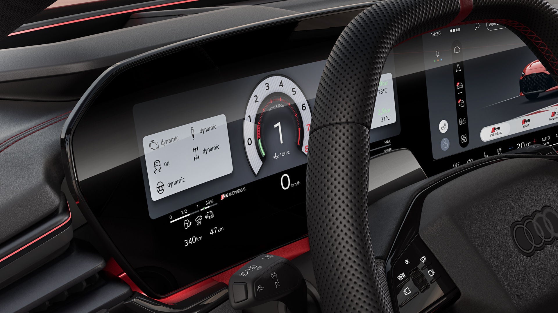 Close-up of the Audi virtual cockpit on the driver's side.
