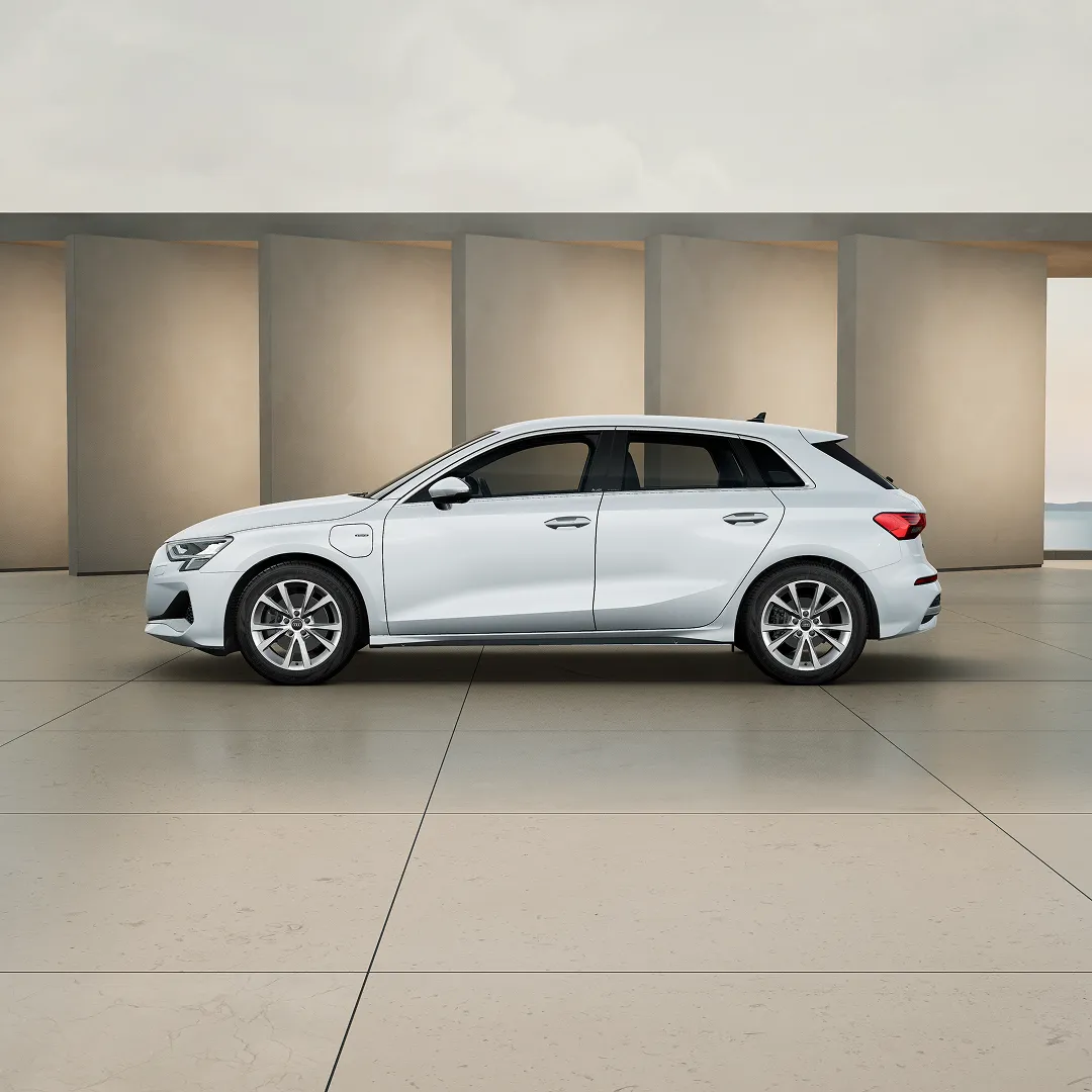 Left side of a white A3 Sportback e-hybrid Audi vehicle
