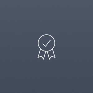 A simple line icon of a medal with a checkmark inside, symbolising achievement or approval, on a light grey background. Minimalistic and affirmative design.