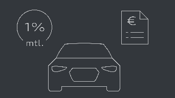 Grafik mit einem stilisierten Auto, einem Dokument mit Euro-Symbol und dem Text „1 % mtl.“ in einem Kreis daneben.