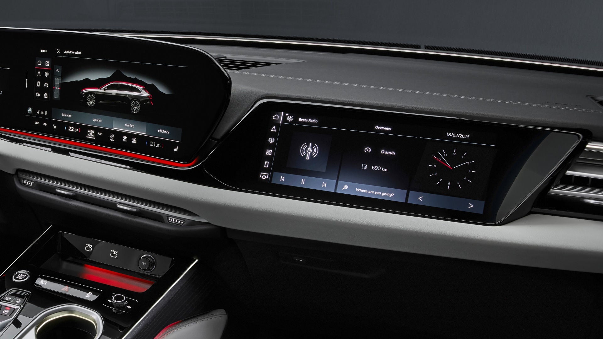 Modern Audi cockpit with wide touch display shows menu with apps, navigation, media and vehicle settings