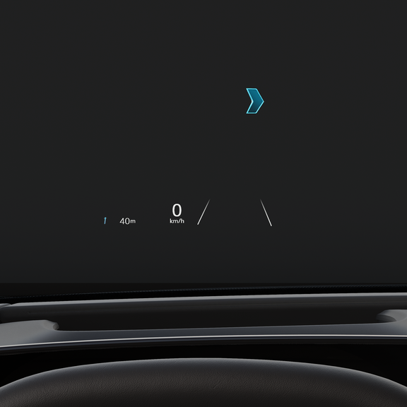 Close-up van de voorruit met het augmented reality-head-updisplay.