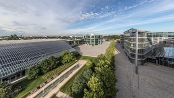 Blick auf moderne Gebäude mit Glasfassaden, breitem Vorplatz und begrüntem Bereich bei Tageslicht.