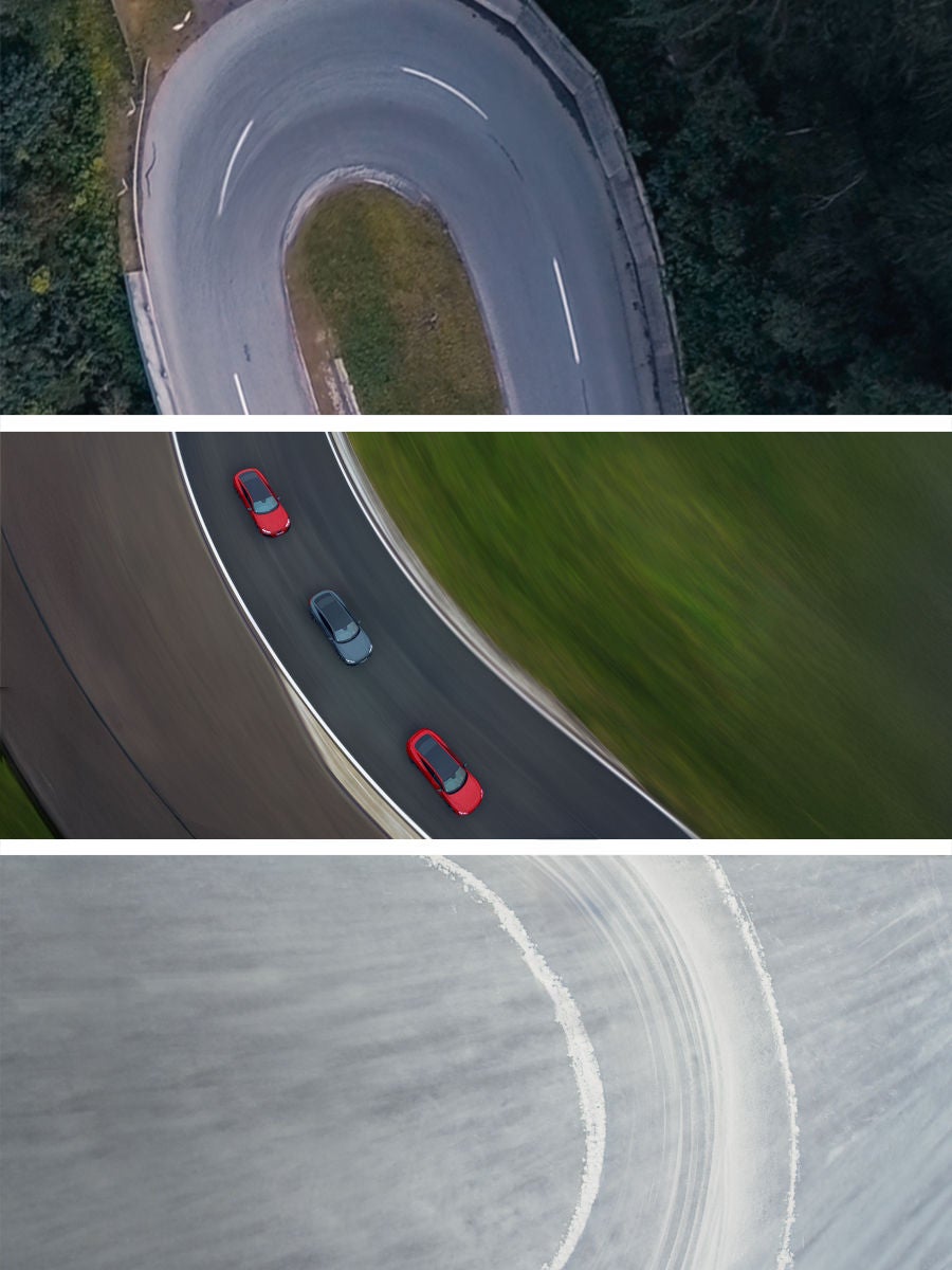 Drohnenaufnahme dreier Kurvenfahrten: Landstraße, Rennstrecke mit drei Audi Fahrzeugen und Schneekurve mit Driftspuren.