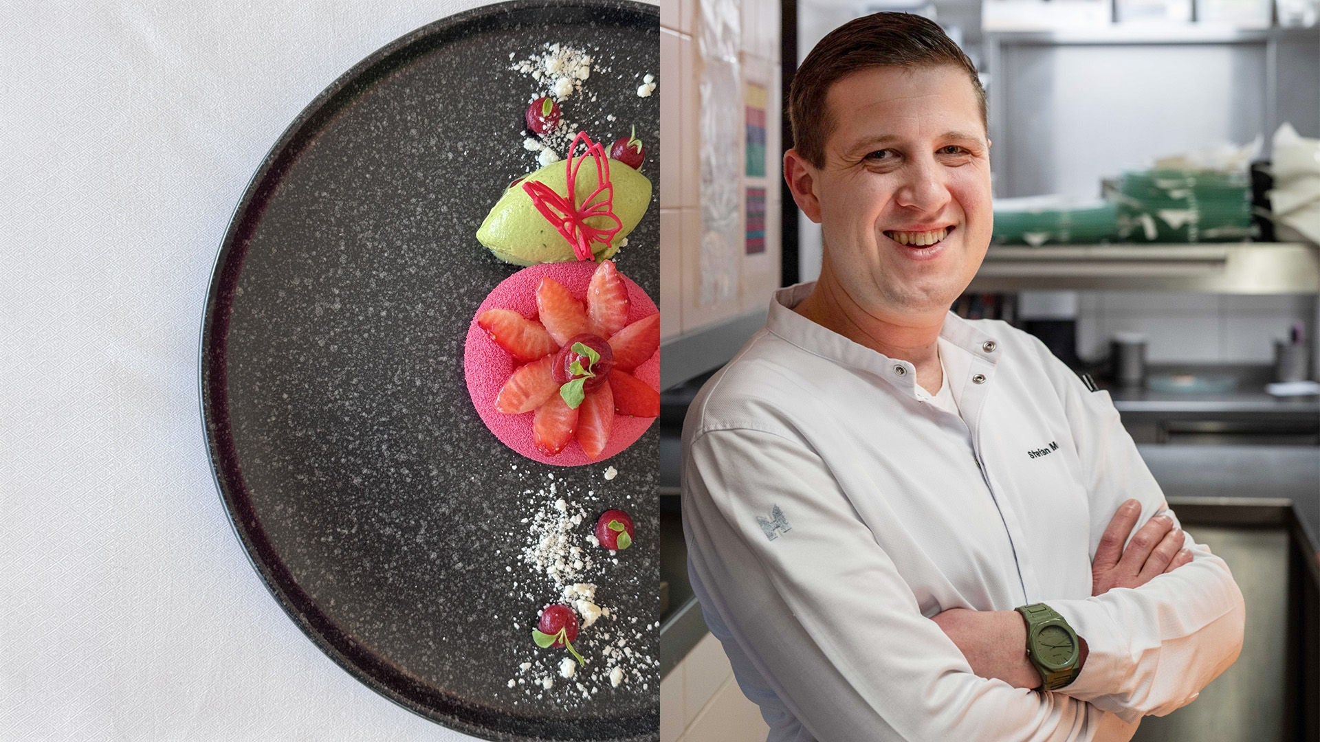 Zweiteiliges Bild: links ein fein angerichtetes Dessert mit Erdbeeren auf schwarzem Teller, rechts ein lächelnder Koch in weißer Jacke.