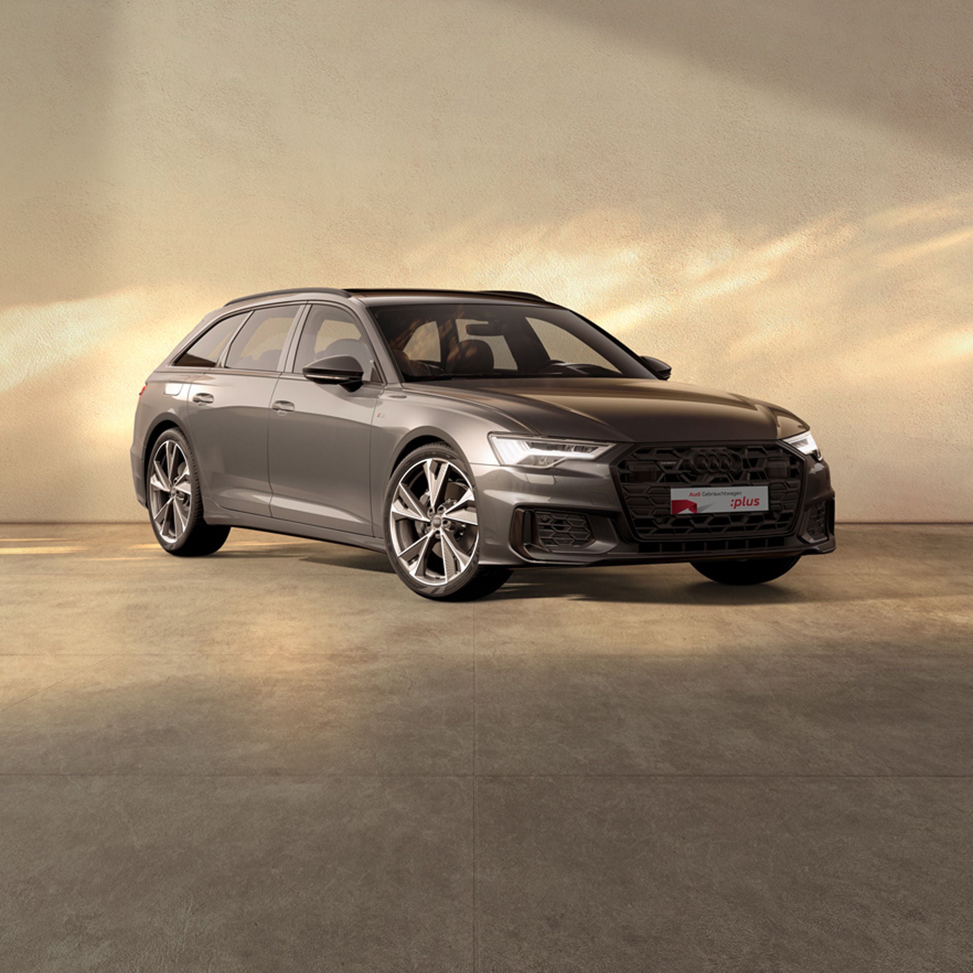 Ein grauer Audi A6 steht auf einer beigen Fläche bei einfallendem Sonnenlich. Am Rand sind Kirschblüten zu sehen.