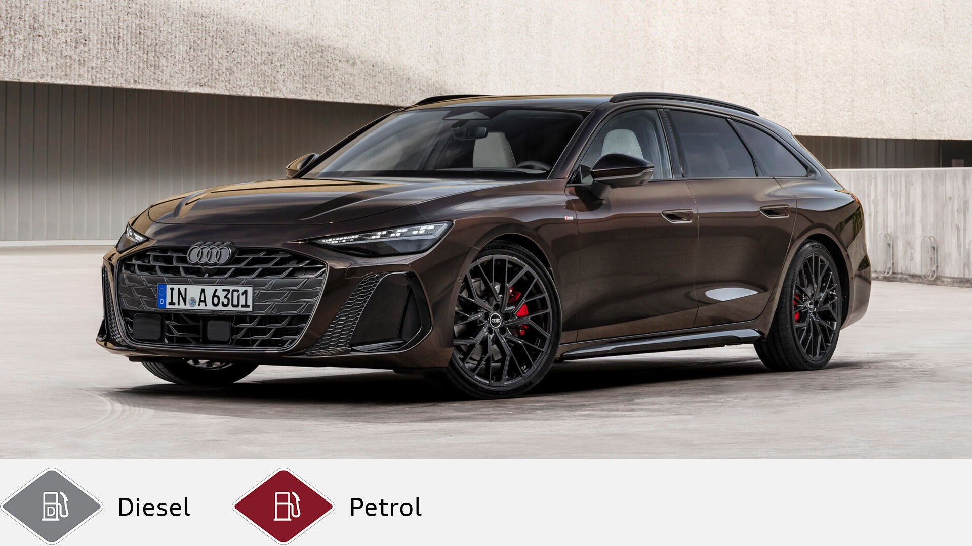 Brown Audi A6 Avant with sporty design and red brake calipers in front of a concrete wall. Gray diesel symbol and red petrol symbol at the bottom.