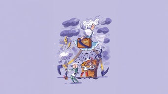Illustration mit großer Frau mit Tasche über zwei kleineren Figuren; Wolken, Blitz, Wind und Maschine, violette Farbpalette.
