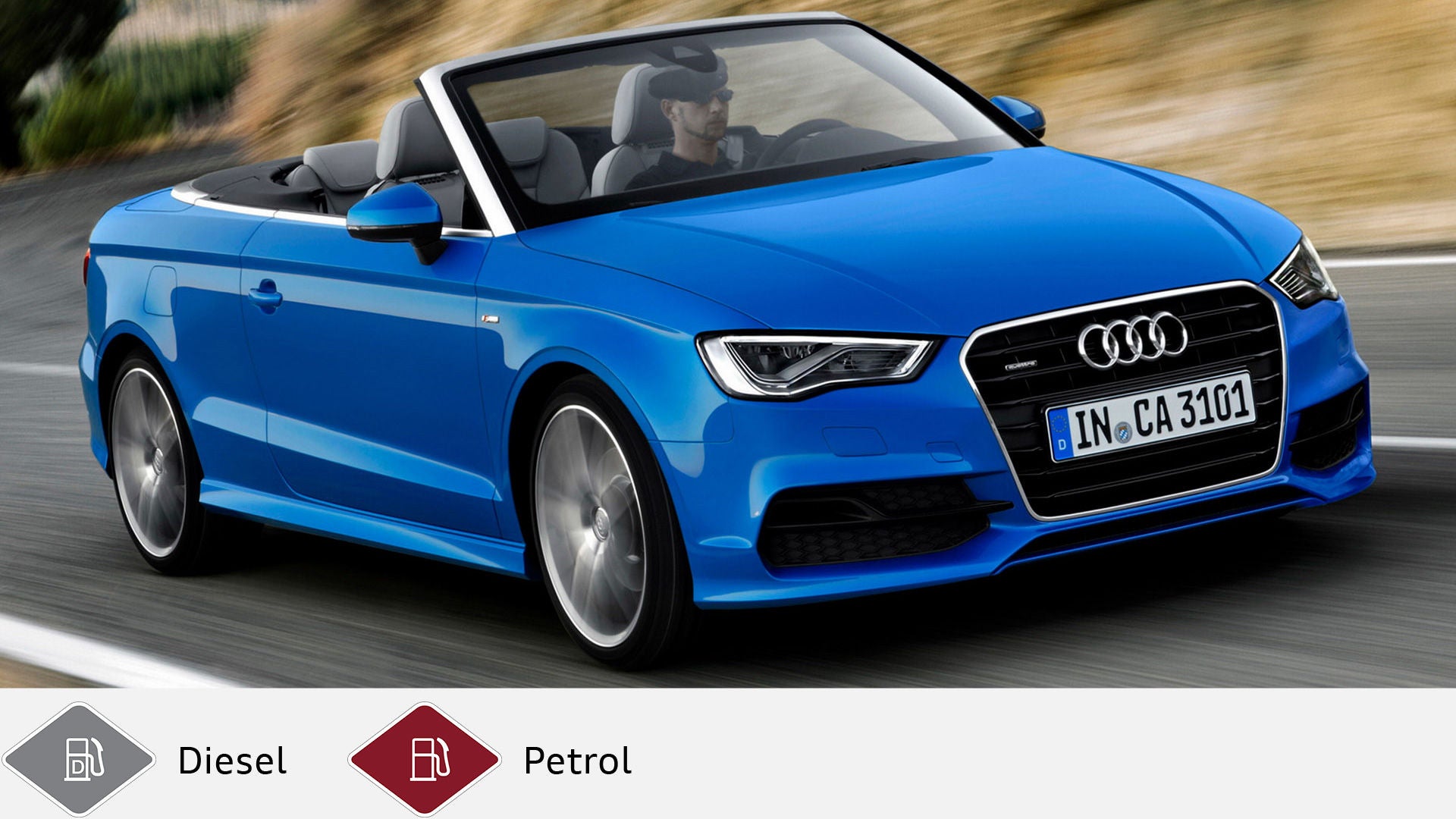 Blue Audi A3 Cabriolet with open top driving on a winding country road. Gray diesel symbol and red petrol symbol at the bottom.