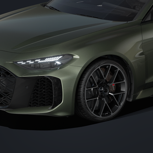 The RS 5 Sedan viewed diagonally from the front, with focus on the front half of the vehicle.