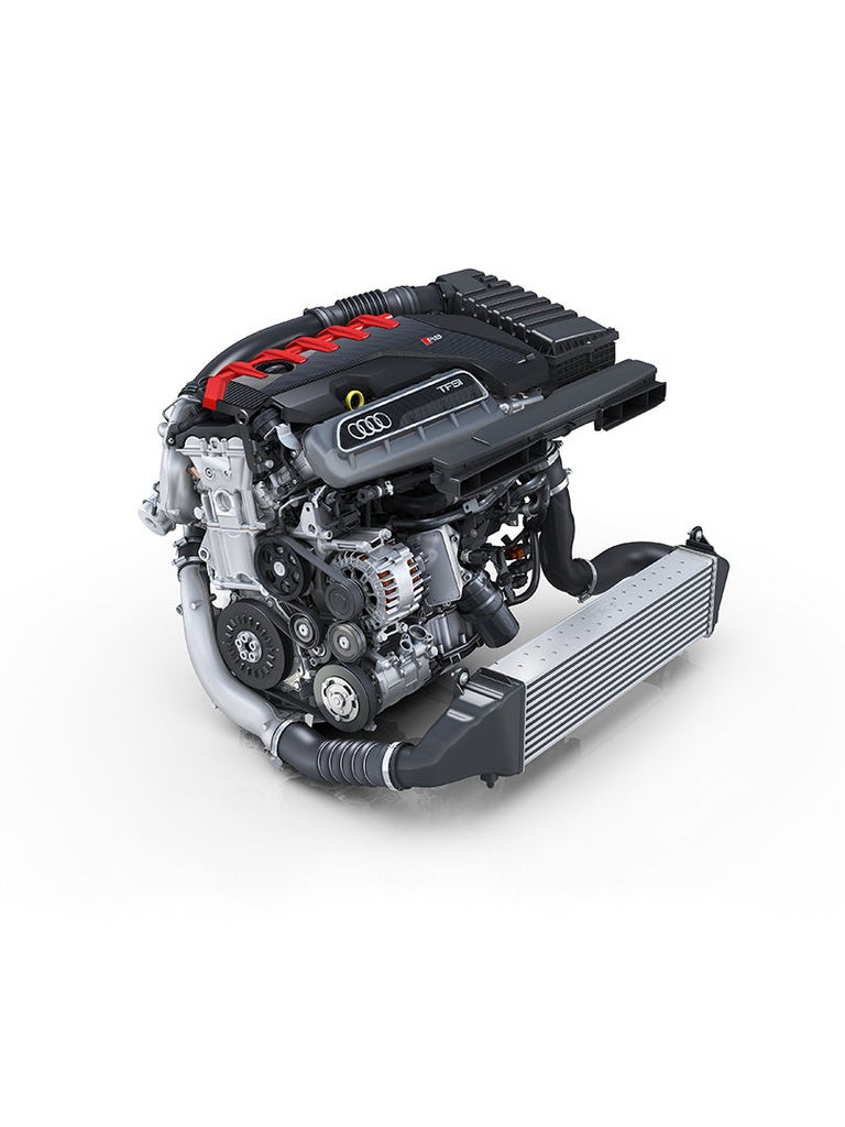 Freigestellte Ansicht eines Audi TFSI-Motors mit roten Akzenten und sichtbaren technischen Komponenten.