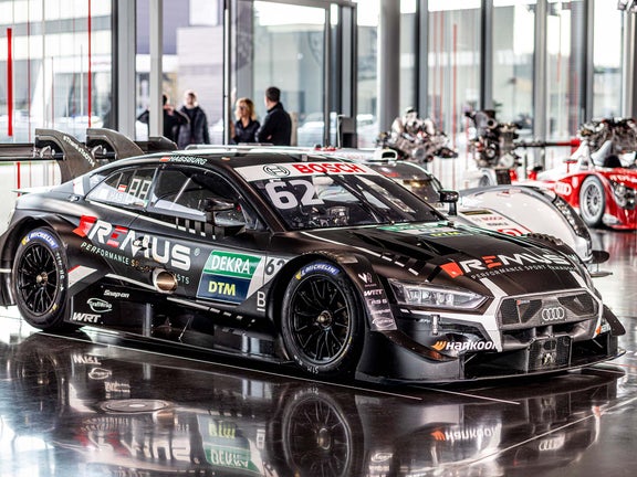 A picture showing an Audi RS 5 DTM race car on display during the presentation of Audi Sport racing legends in Neuburg.