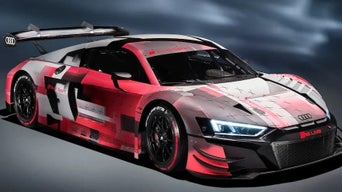 Red and white Audi RS 3 LMS car with custom livery on a dynamic, cloudy background