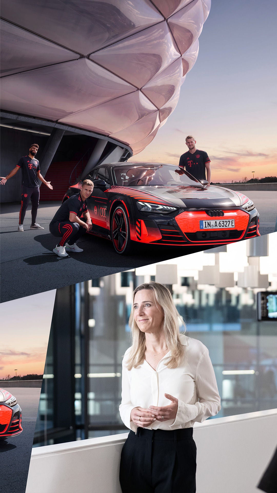 Eine Kollage eines Bildes von FC Bayern Spielern, die an einem vor der Allianz Arena geparkten Audi RS e-tron GT FC Bayern Concept posieren und dem Bild einer Moderatorin vor einem Interview während der FC Bayern Summer Tour