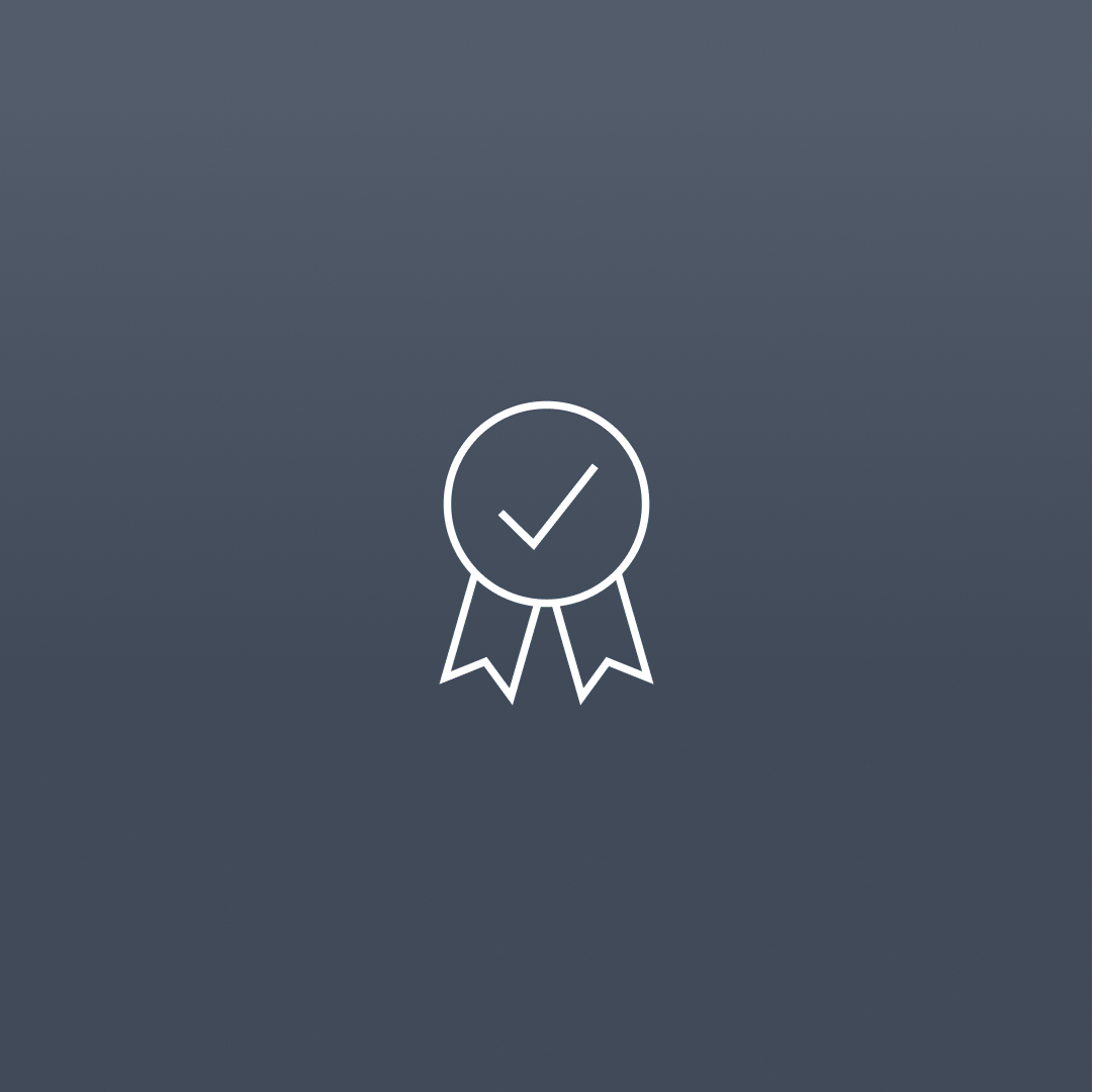 A minimalist badge icon shows a circular emblem with a check mark inside and two ribbon tails below, symbolising approval or certification on a pale grey background.