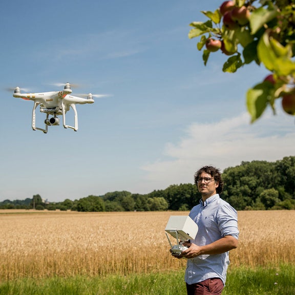 A man operates a drone flying above him in a meadow orchard.