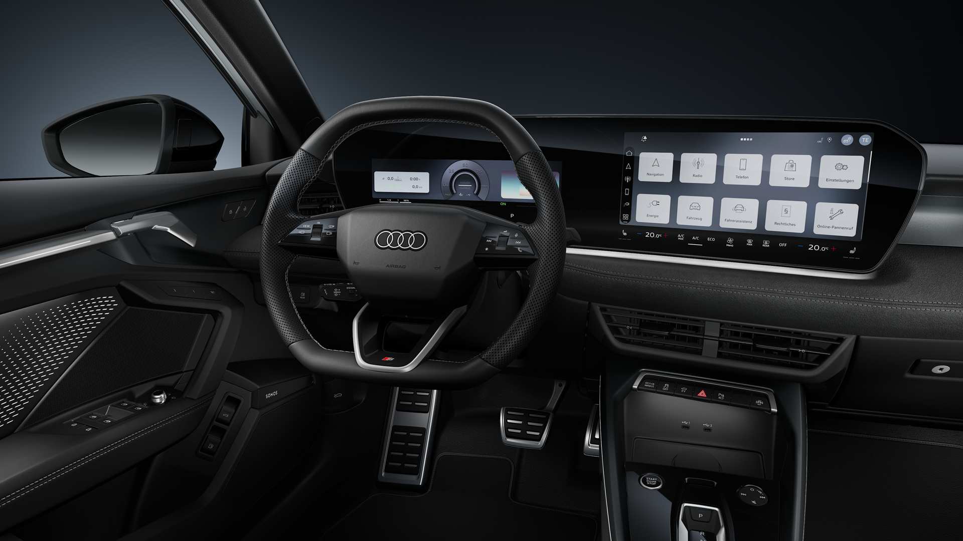 A front view of the sport leather steering wheel and the curved panoramic display.